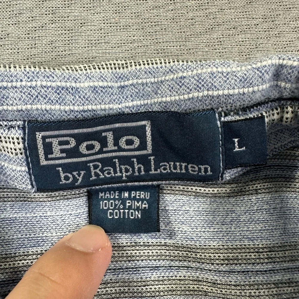 VTG Polo Ralph Lauren Polo Shirt Mens‎ L Blue Grey Striped Pima Cotton Textured